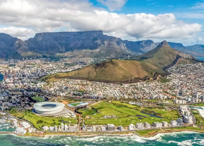 Panoramic view of Table Mountain in Cape Town at sunset