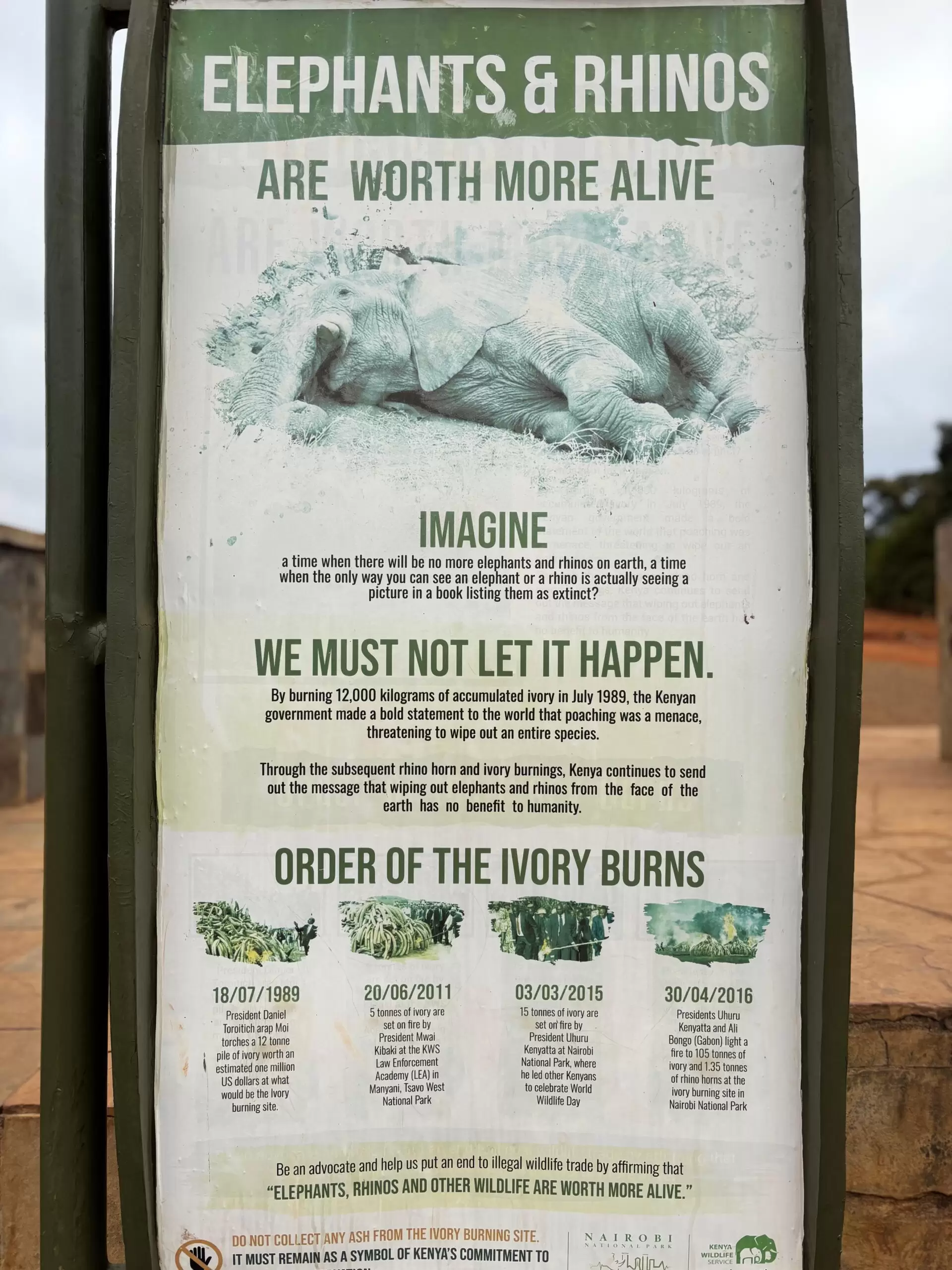 Warning sign against elephant poaching in Kenya promoting wildlife protection and sustainable tourism